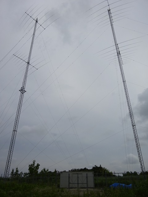 Kubota before the additions: two towers, each with two log-periodics. No Yagi or microwave dishes yet.