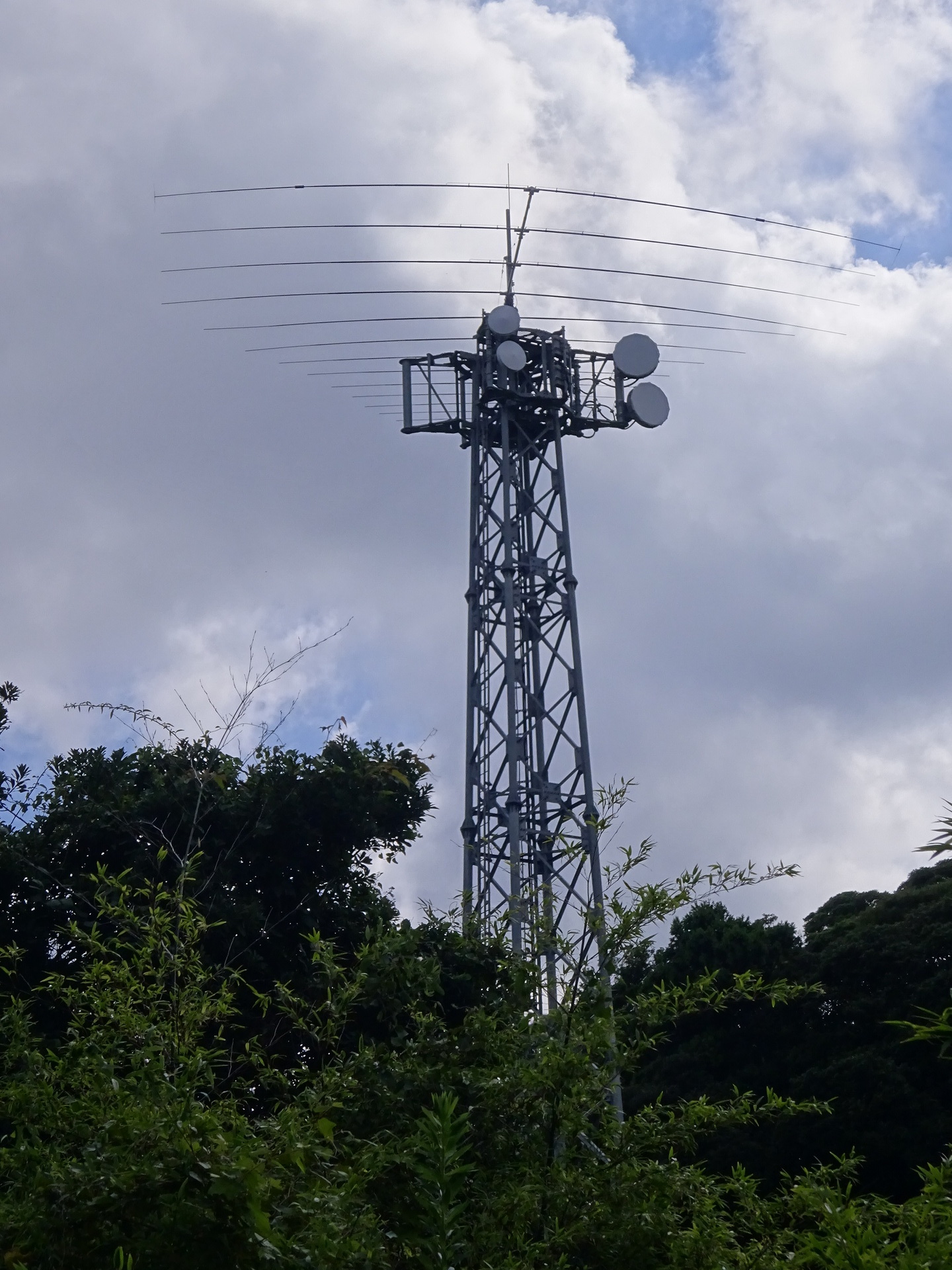 Johor Bahru-facing HF array on the oldest lattice mast. Below it are two microwave dish pairs, toward Gotenyama and Maruyama CLS.