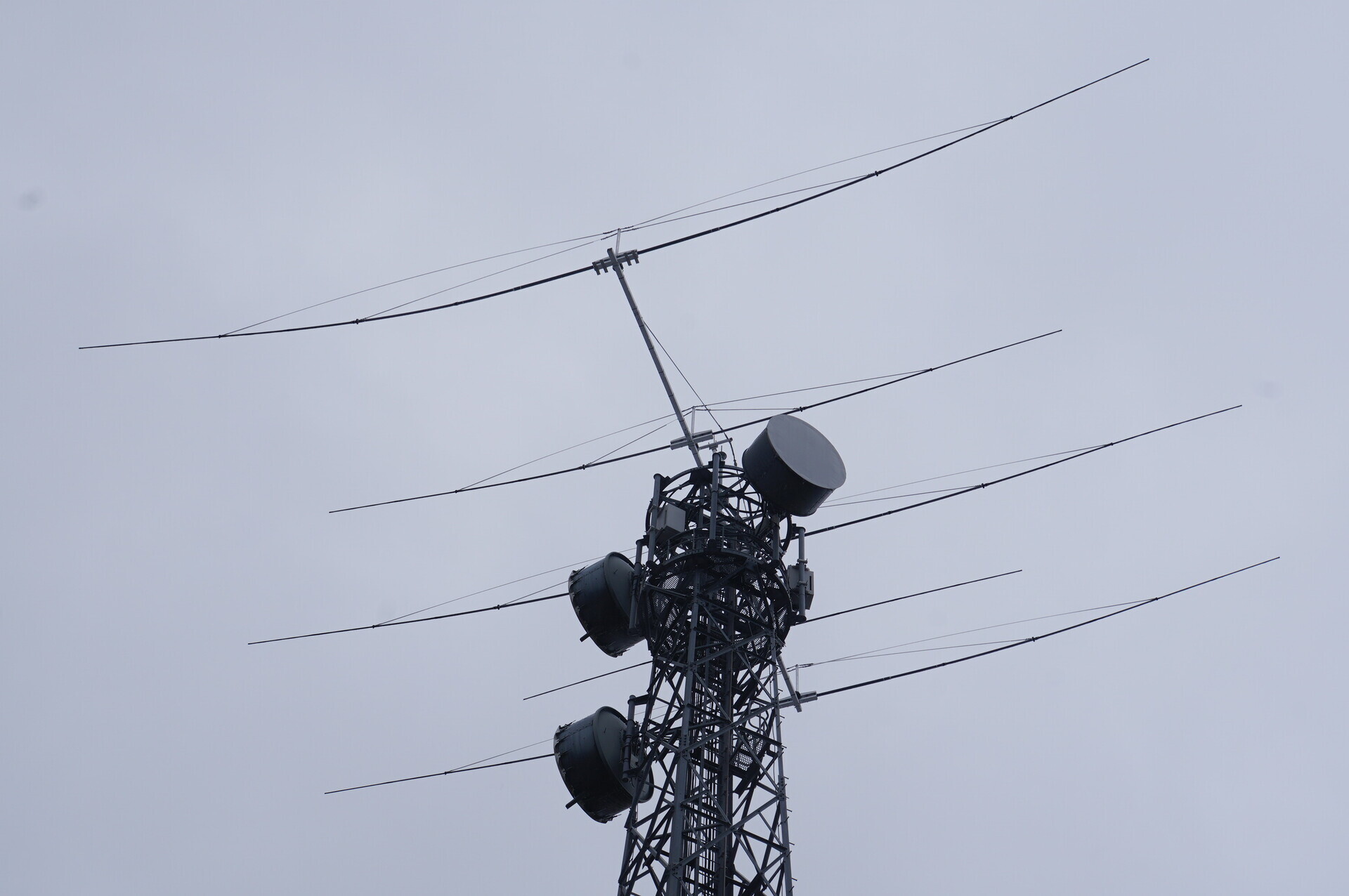The completed five-element Yagi mounted above the existing microwave equipment, photographed from the southwest.