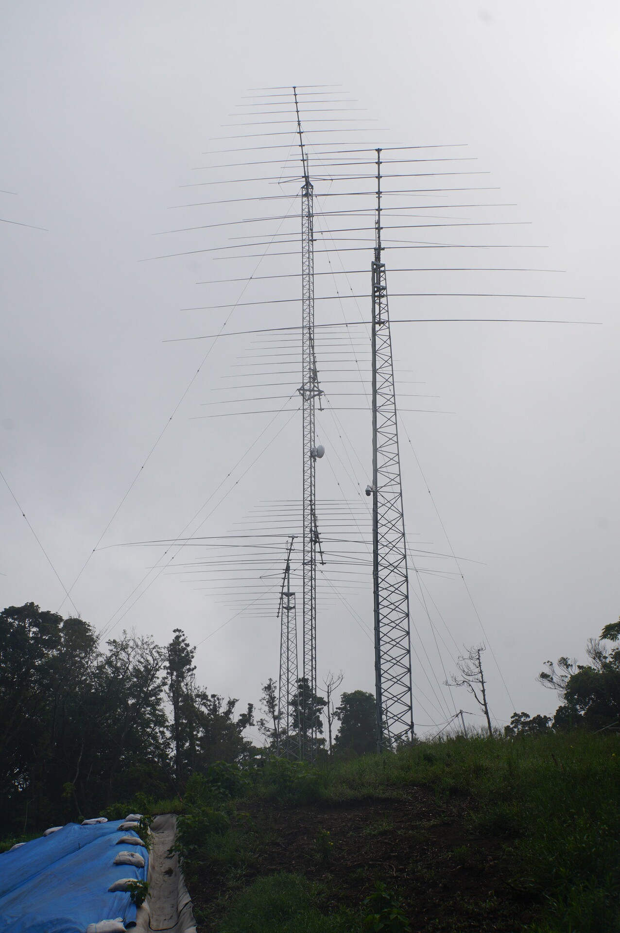 The east group: the original three-array guyed tower and two added self-supporting towers. The dish on the original tower faces DRW’s Mother Farm West.
